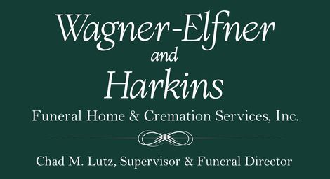 Dark teal logo: "Wagner-Elfner and Harkins" funeral home, white text. Underneath: "Funeral Home & Cremation Services." Chad M. Lutz listed.