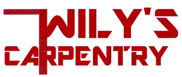 Red logo reads "WILY'S CARPENTRY", with a stylized "W" using a ruler and a hammer.