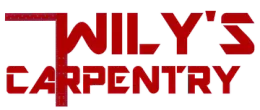 Red logo reads "WILY'S CARPENTRY", with a stylized "W" using a ruler and a hammer.