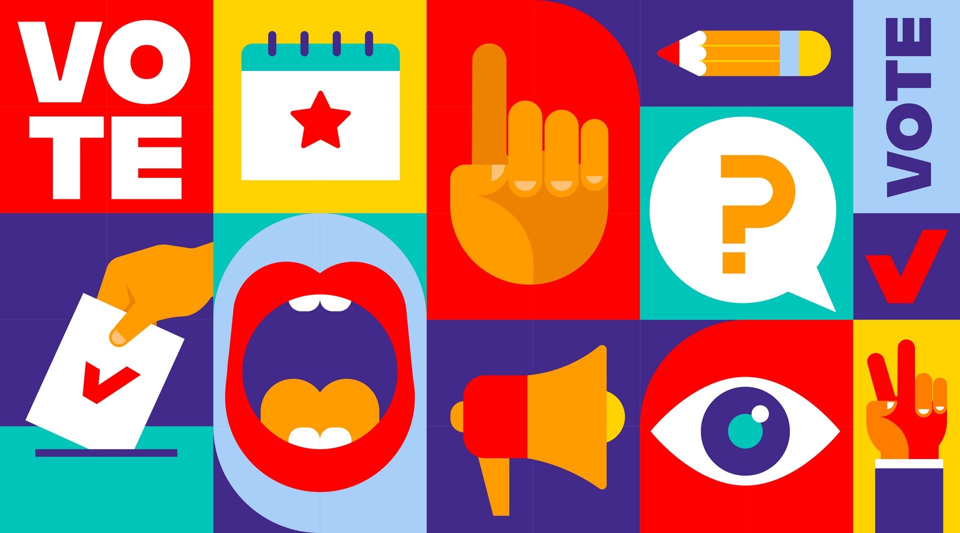 A colorful illustration of a person putting a ballot in a ballot box.