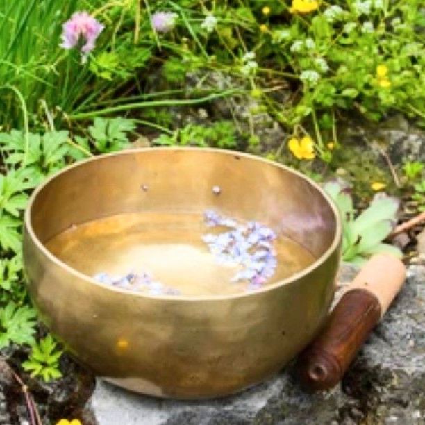 A brass bowl filled with water and flowers next to a wooden stick.