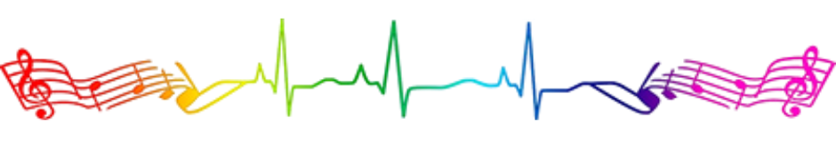 A colorful heartbeat line made of music notes on a white background.