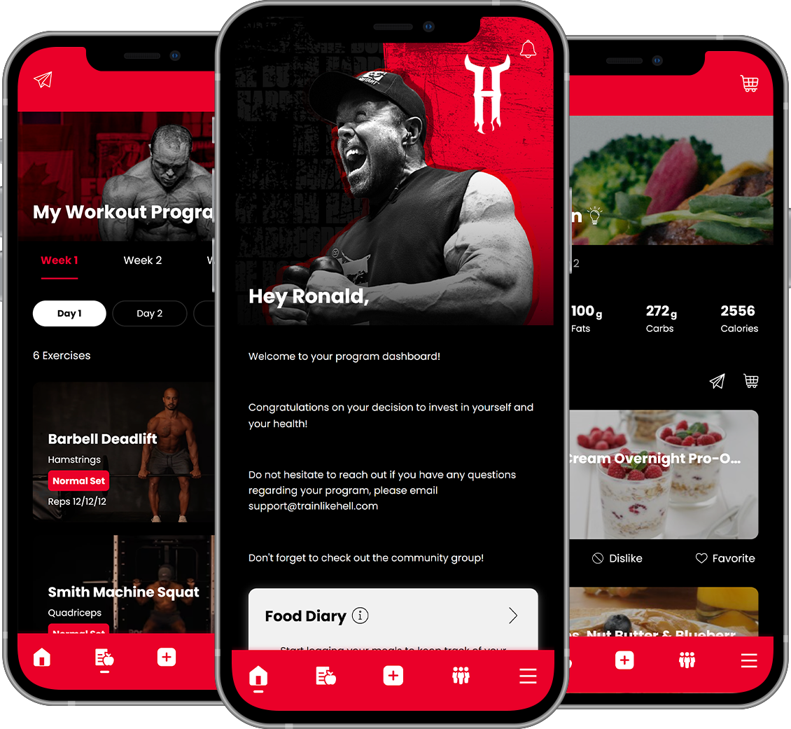 Train Like Hell mobile  fitness app. Red and black color scheme with workout and food info.