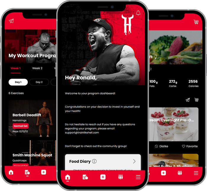 Train Like Hell mobile fitness app. Red and black color scheme with workout and food info.