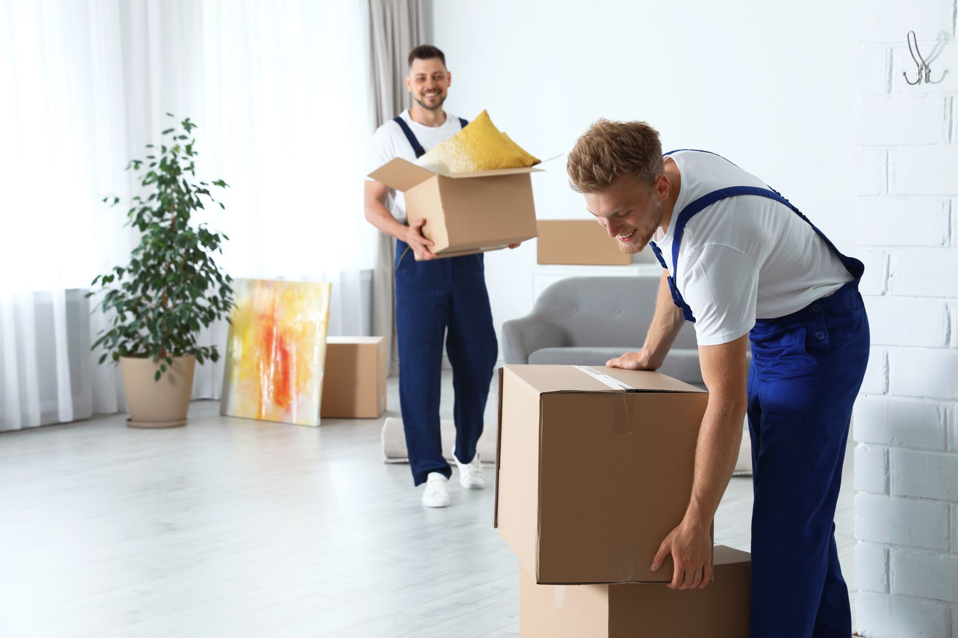 Two movers carrying cardboard boxes in a bright room with plants and a painting.