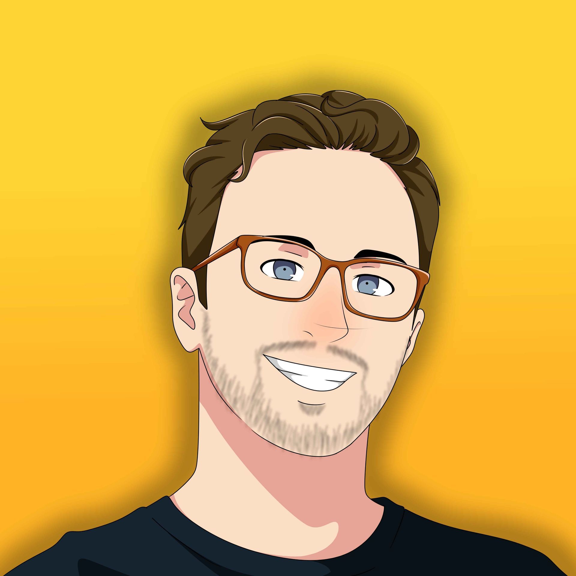 A cartoon drawing of a man wearing glasses and smiling