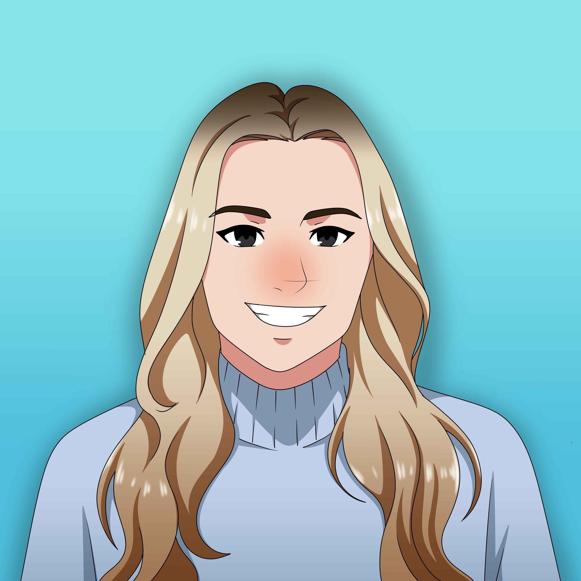 A woman with long blonde hair is wearing a blue sweater and smiling.