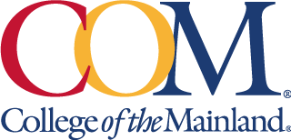 A logo for college of the mainland in red yellow and blue