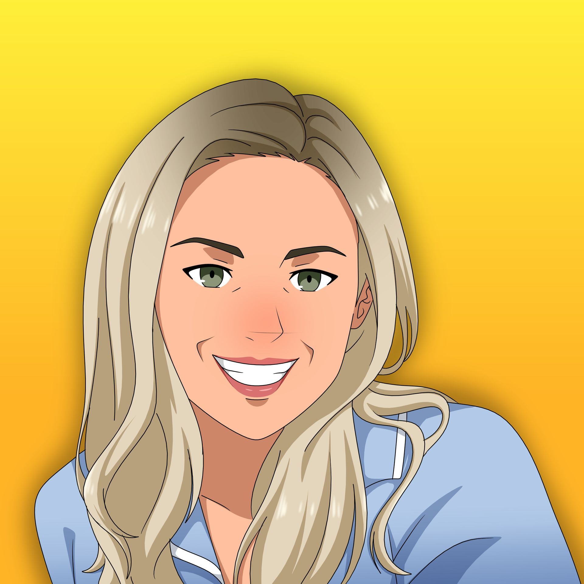 A pixel art of a woman with long red hair wearing a black jacket and a purple sweater.