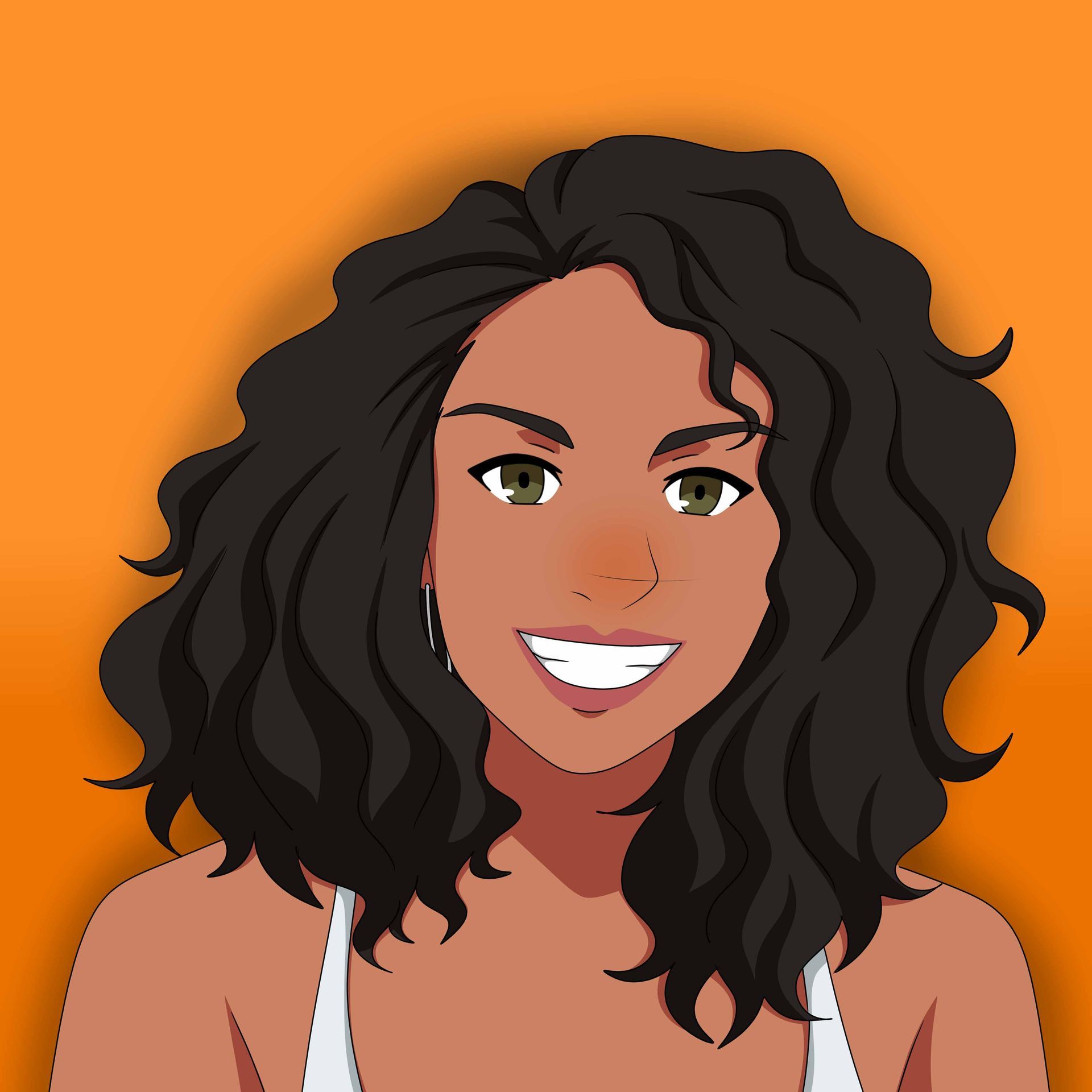 A pixel art of a woman with curly hair smiling