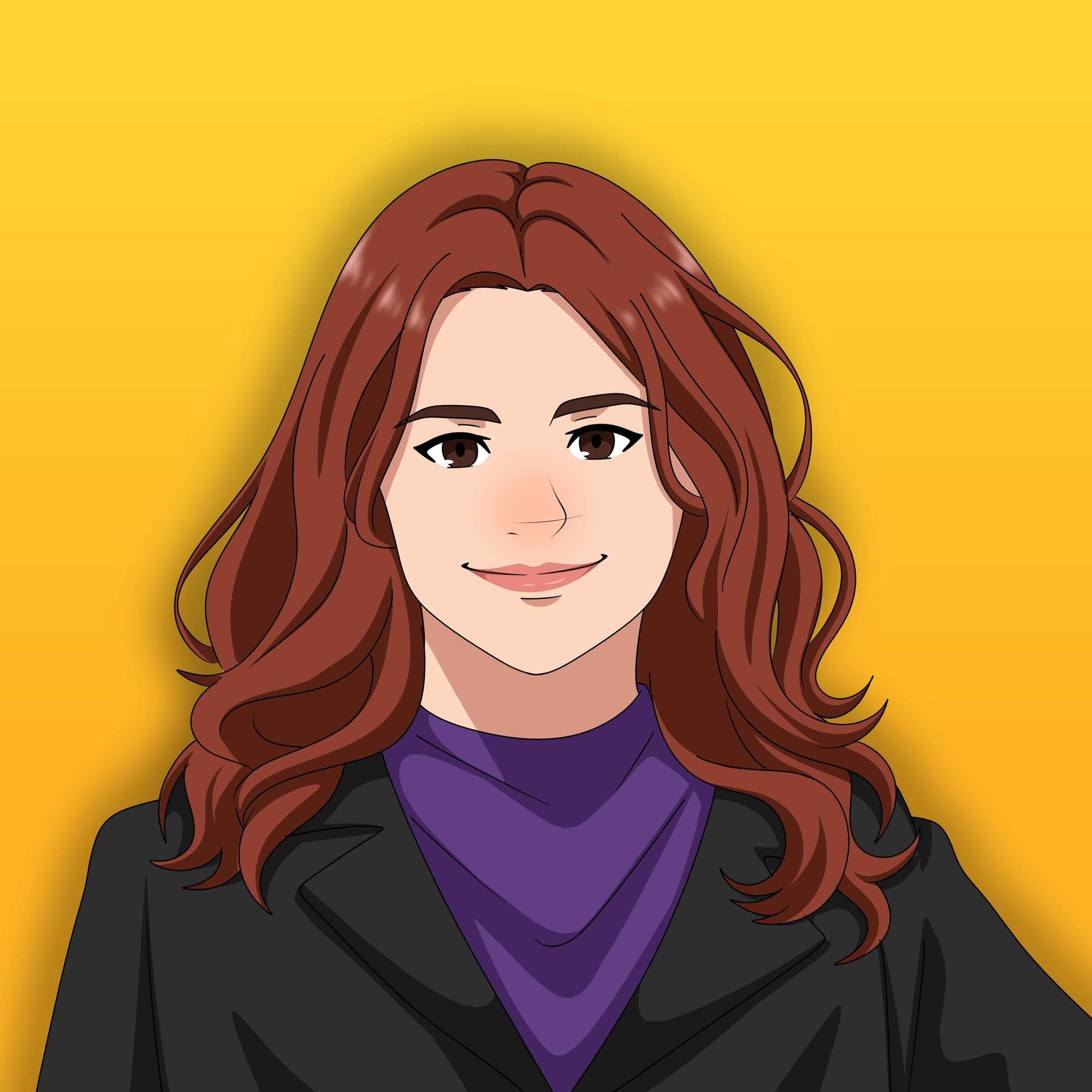 A pixel art of a woman with long red hair wearing a black jacket and a purple sweater.