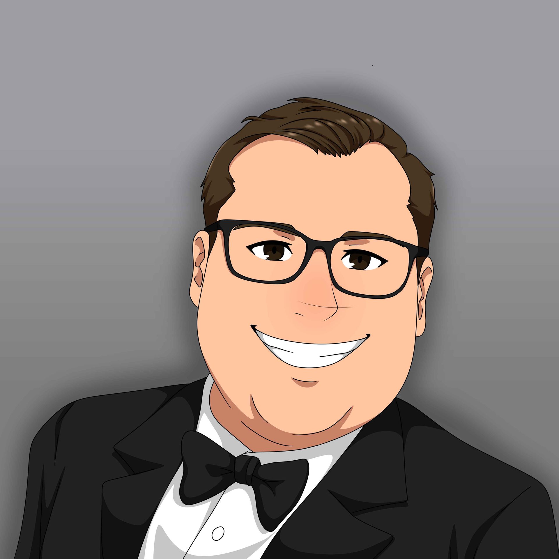 A man in a tuxedo and bow tie is smiling