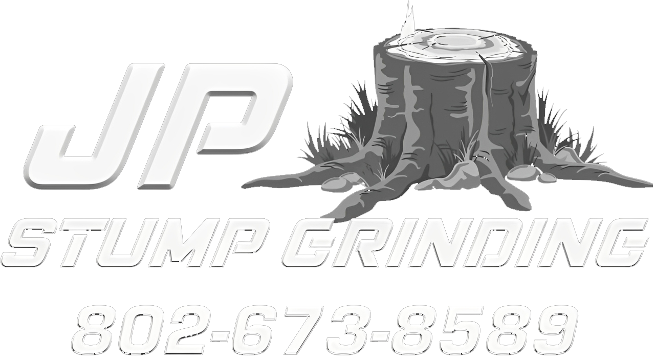A black and white logo for jp stump grinding with a tree stump.