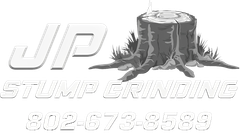 A black and white logo for jp stump grinding with a tree stump.