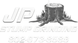 A black and white logo for jp stump grinding with a tree stump.