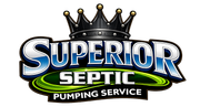 Superior Septic Pumping Service logo with blue text, green oval, and a crown above the word Superior