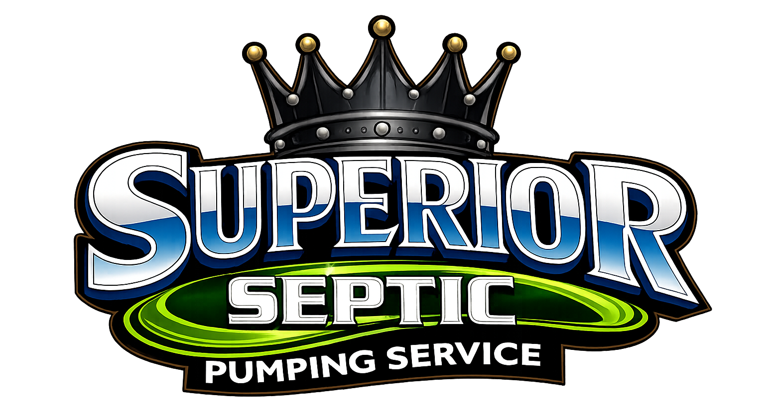 Superior Septic Pumping Service logo with a black crown and blue, green, and white text