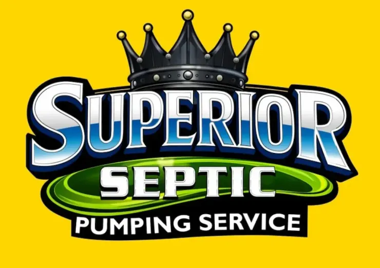 The logo for Superior Septic Pumping Service features a black crown above blue and white text on a yellow background.