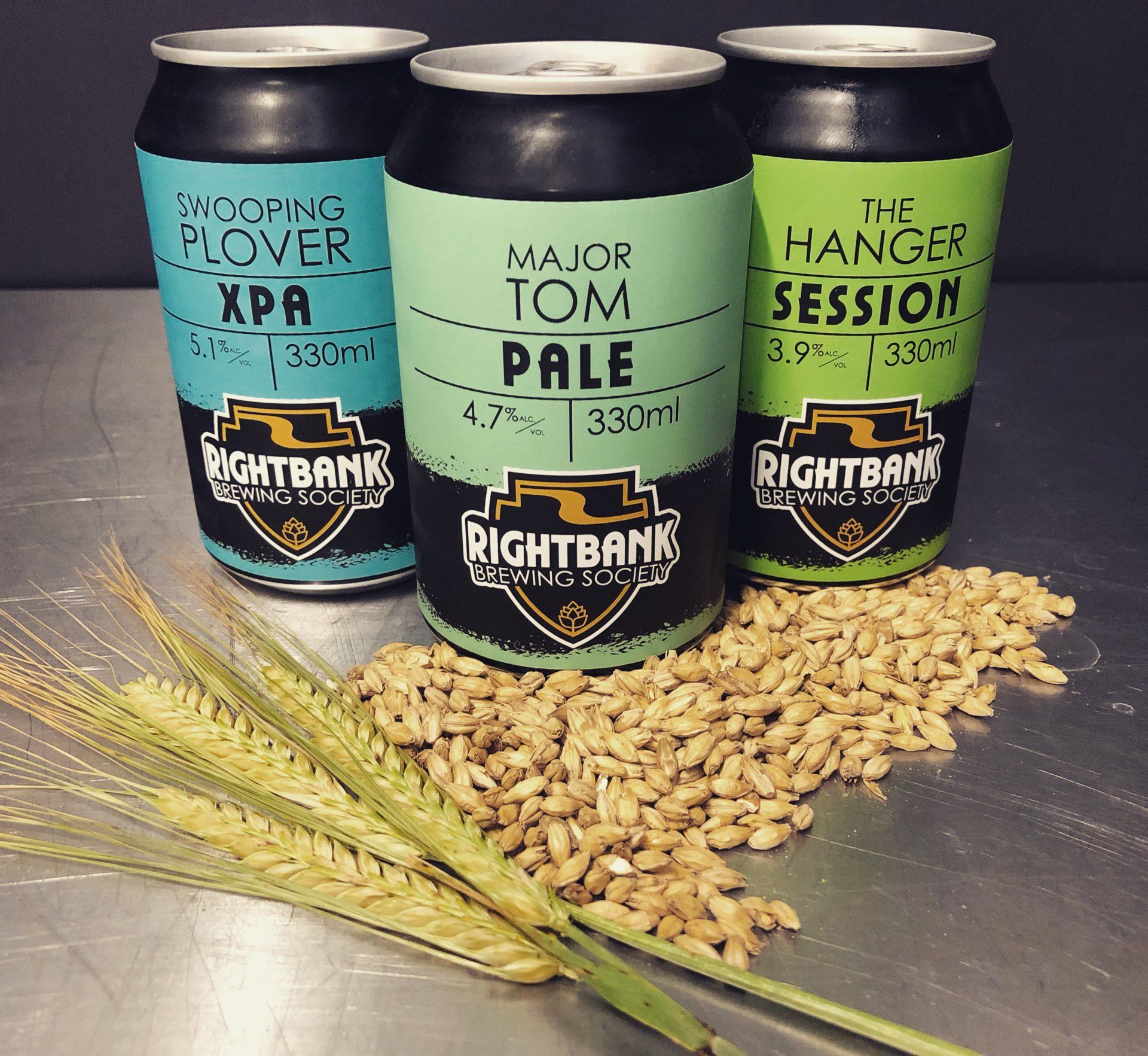 Three cans of rightbank beer are sitting on a table