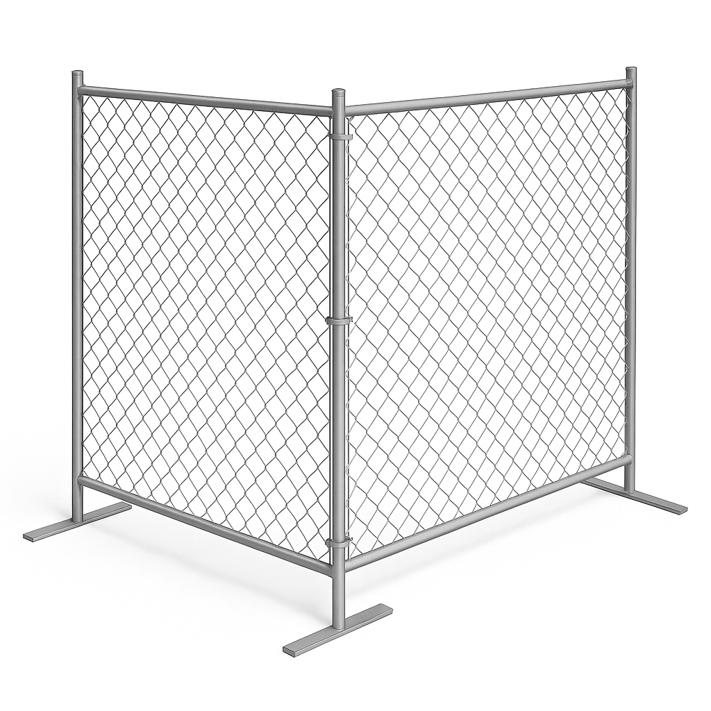Chain-link fence section, two panels at a right angle, silver metal frame, used for temporary barriers.