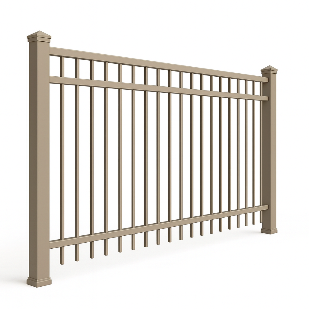 Beige aluminum fence with vertical bars and decorative posts.