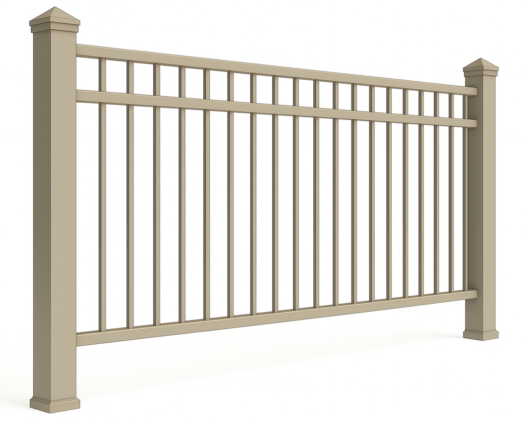 Beige aluminum fence with vertical bars and post caps.