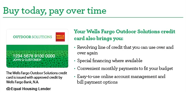 Wells Fargo Outdoor Solutions credit card advertisement; green card, text, and logo.
