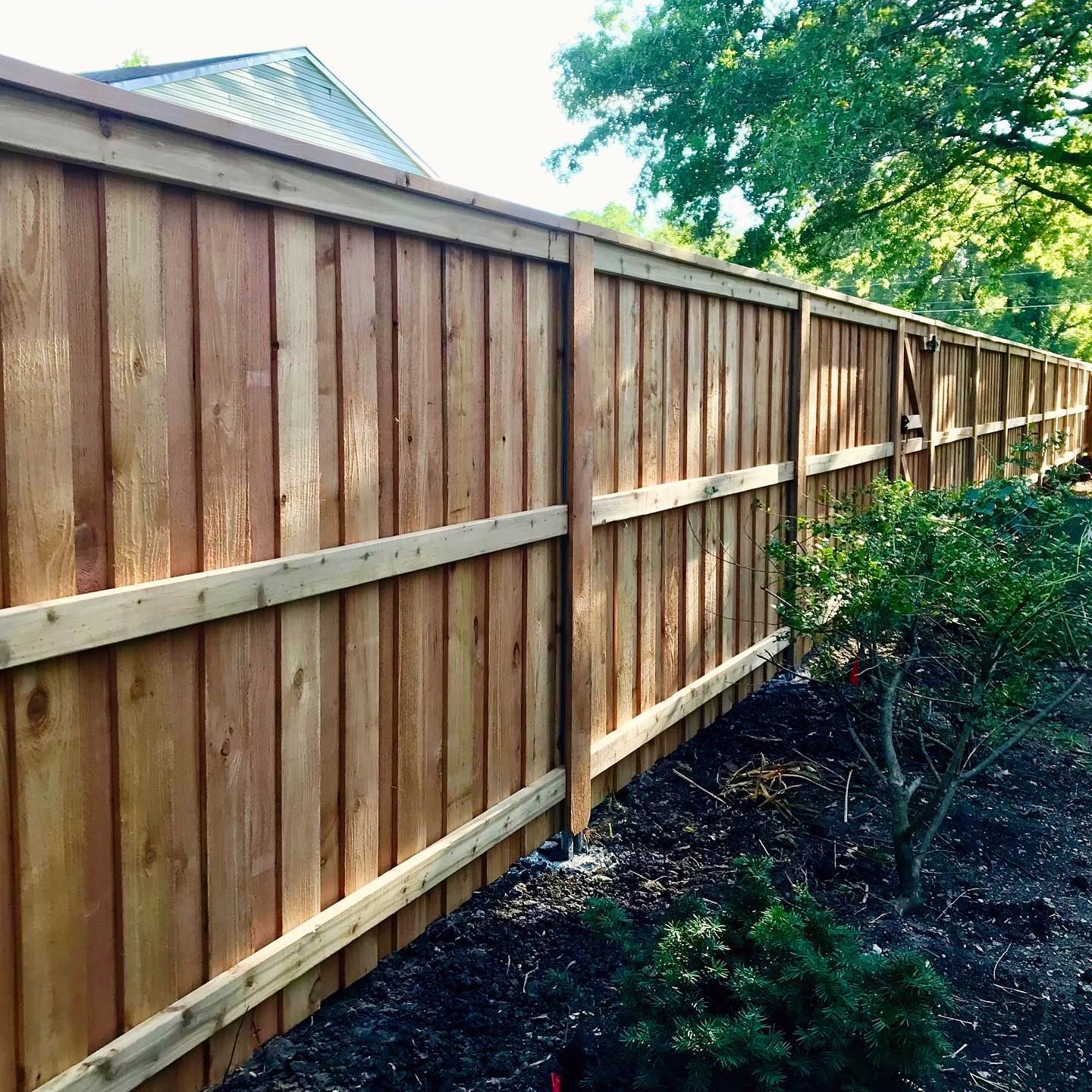 Wooden privacy fence with vertical planks in a backyard.