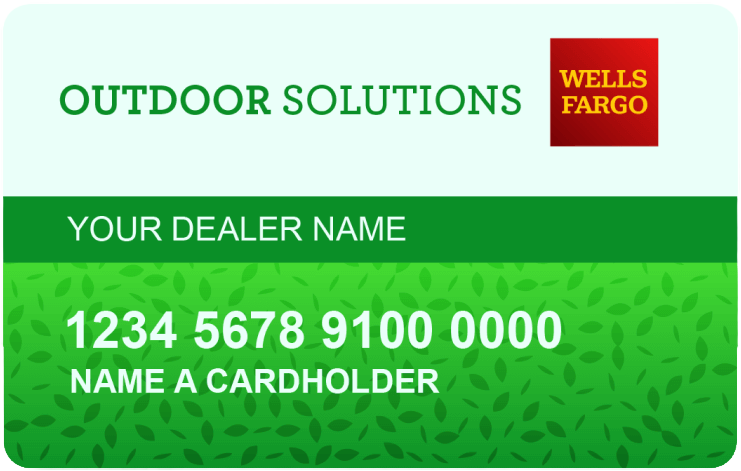 Outdoor Solutions credit card from Wells Fargo, green and white with account details.