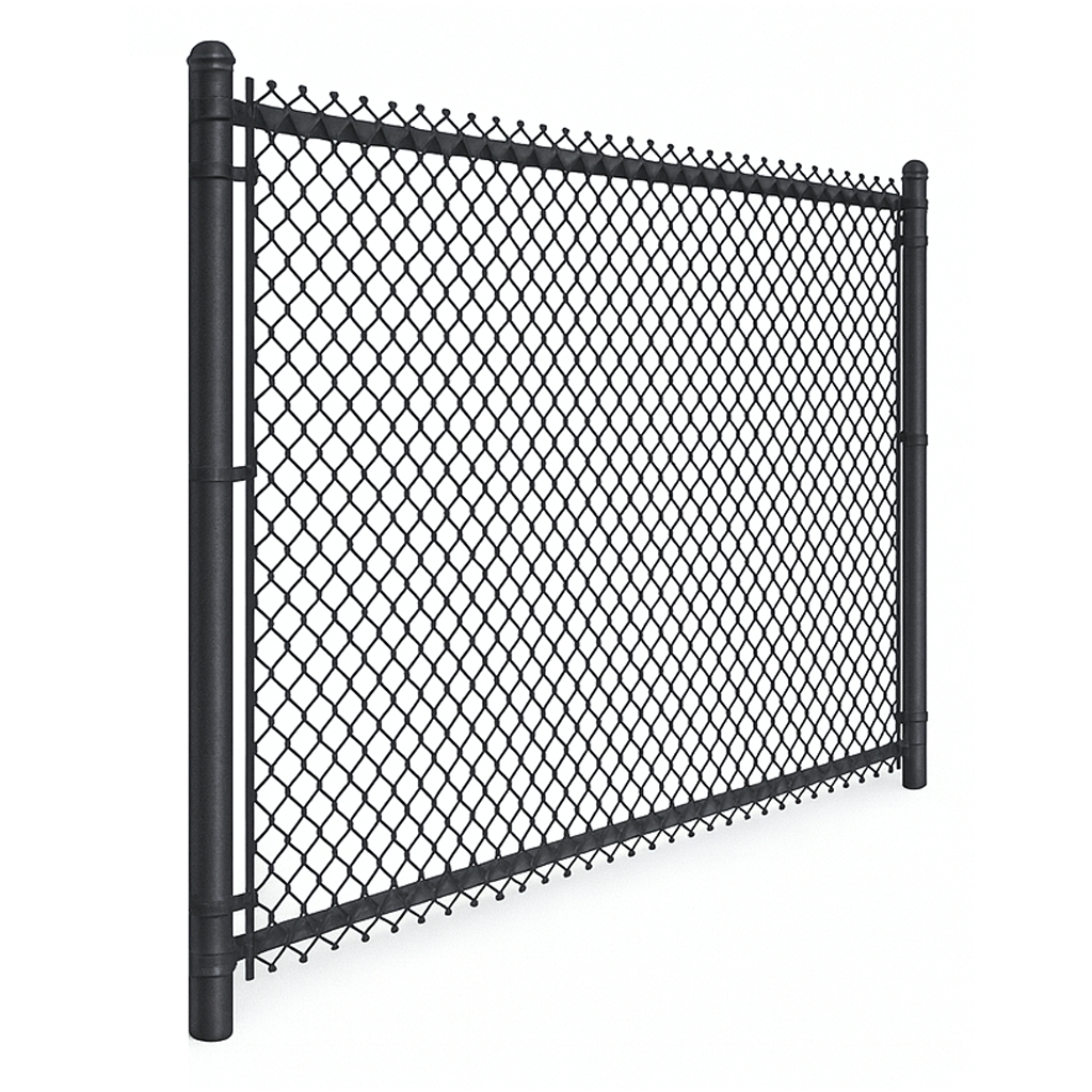 Black chain-link fence, with black posts, against a white background.