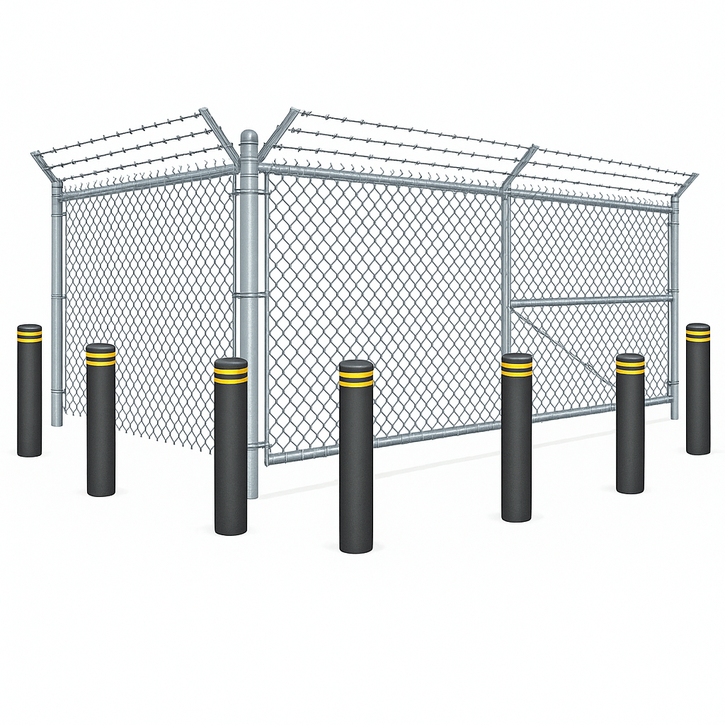 Chain-link fence with barbed wire, surrounded by black bollards with gold bands.