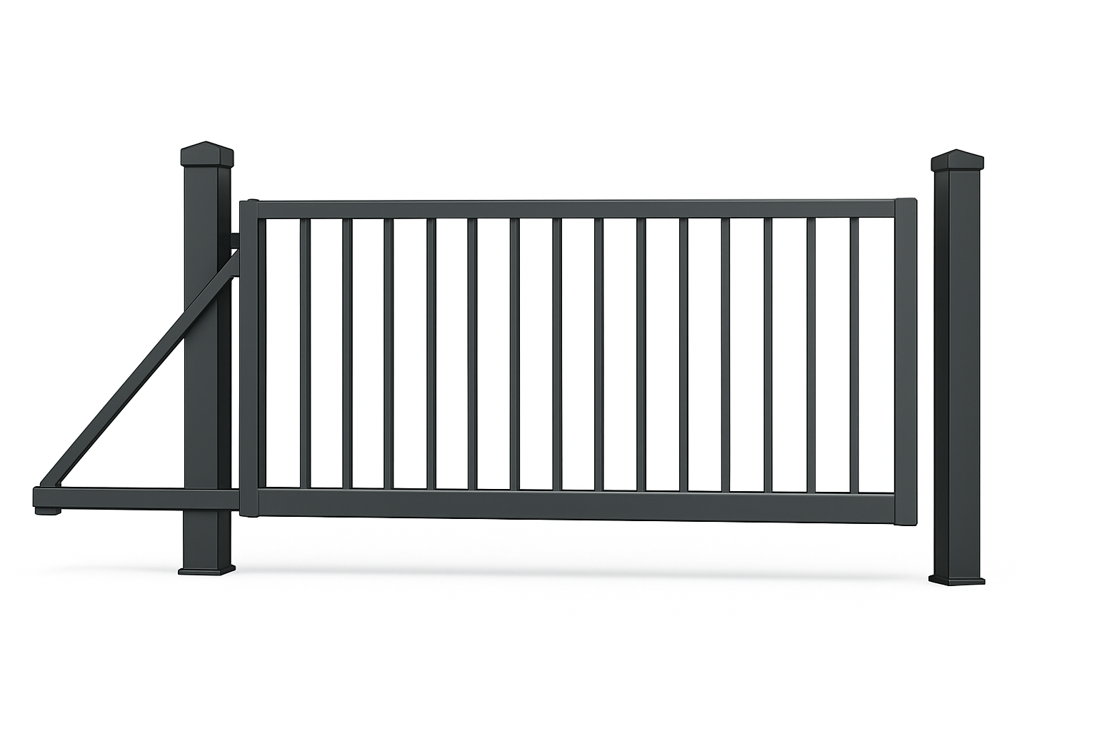 Black metal gate with vertical bars and diagonal support, isolated on white.