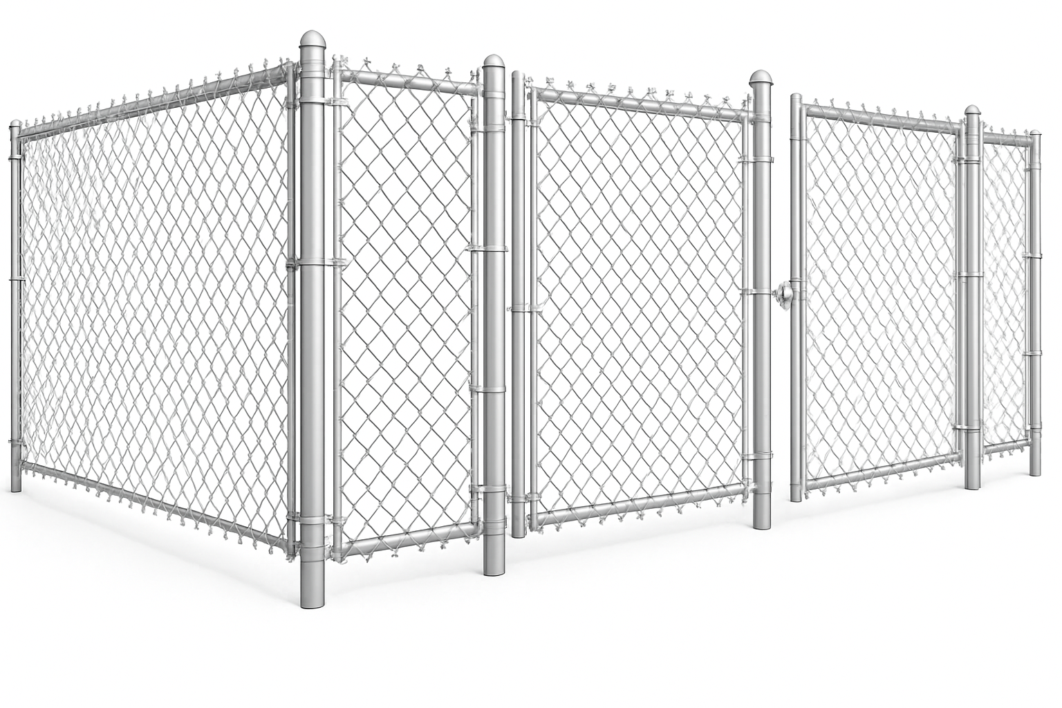 Chain-link fence with a gate; silver metal, diamond pattern, white background.
