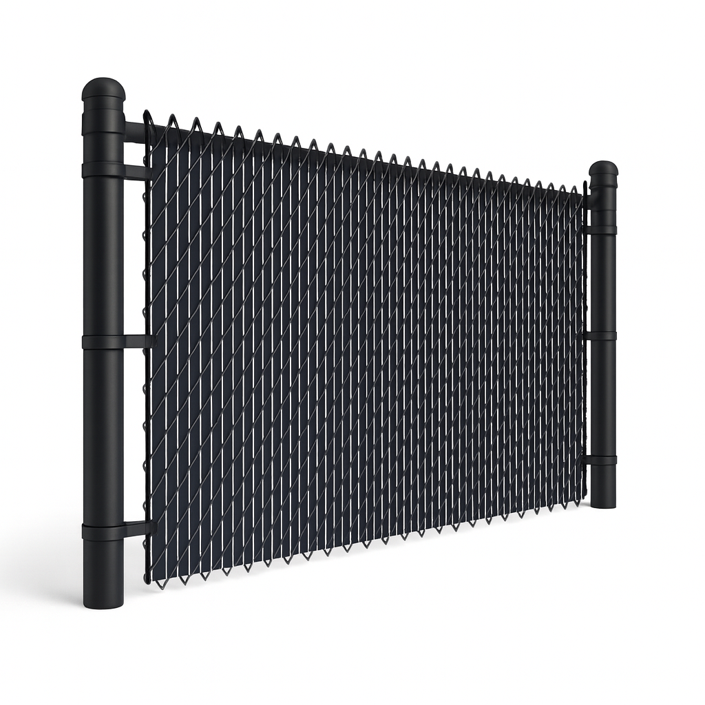 Black chain-link fence with black privacy slats between two black posts.