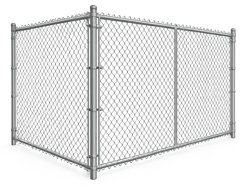 Chain-link fence corner, gray metal frame and mesh, outdoors.