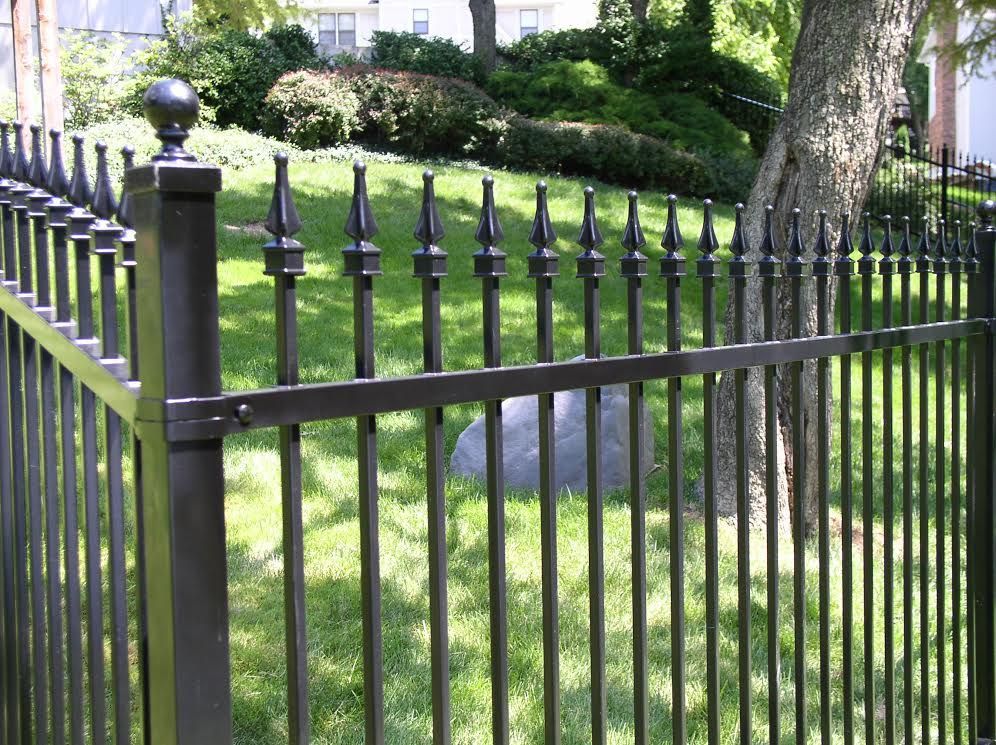 Black wrought iron fence with decorative finials, surrounding a grassy yard, with trees and greenery in the background.