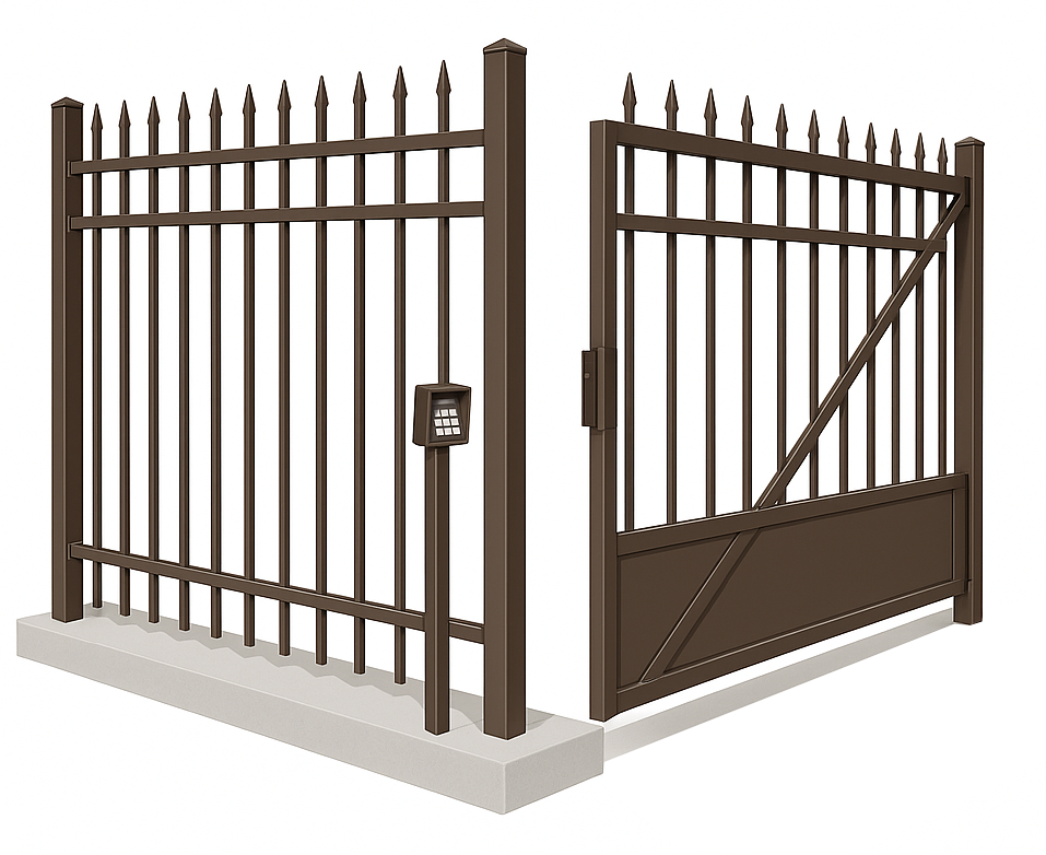 Brown metal gate, one side open, on a concrete base.