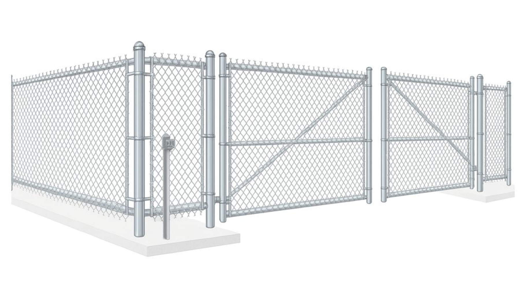 Chain-link fence with gates and pointed top, erected on concrete foundations.