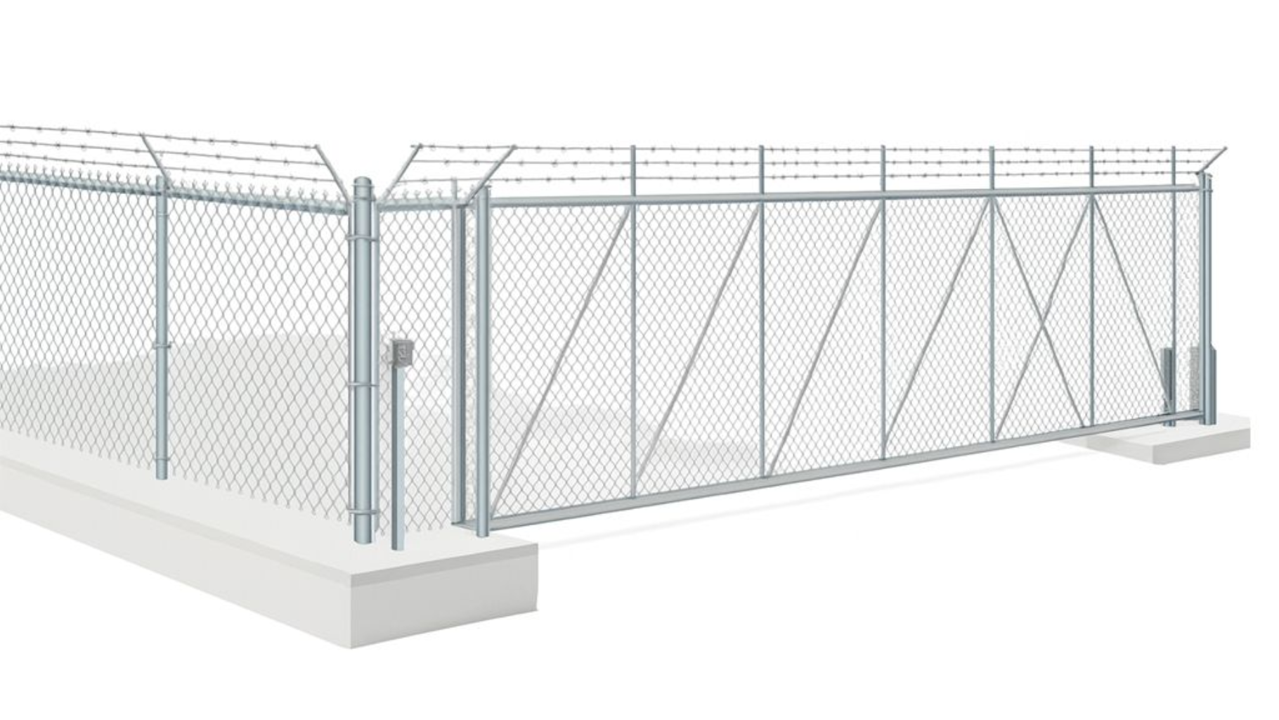 Chain-link fence with barbed wire and a gate on a concrete base.