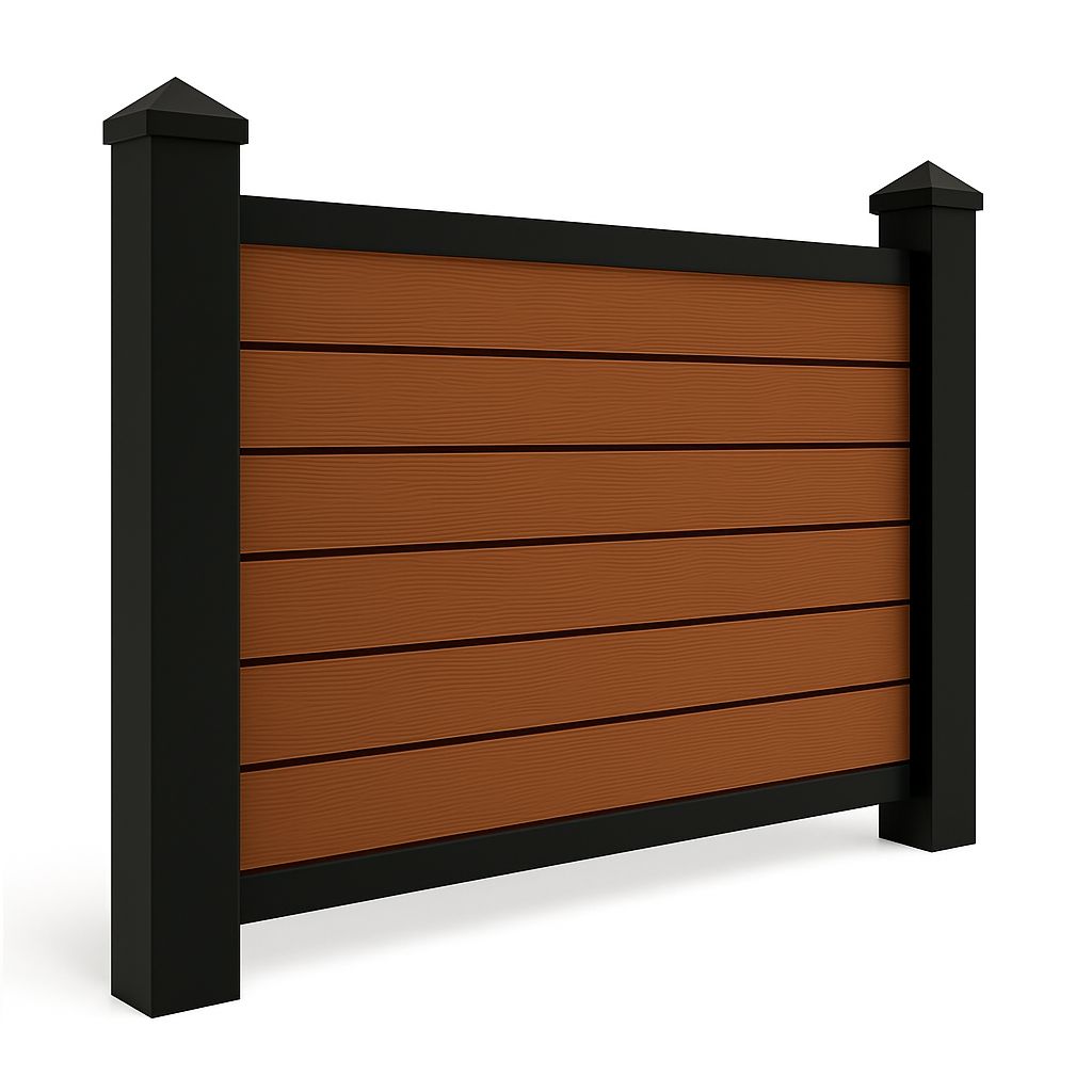 Wooden fence section with brown horizontal planks, black frame and posts.