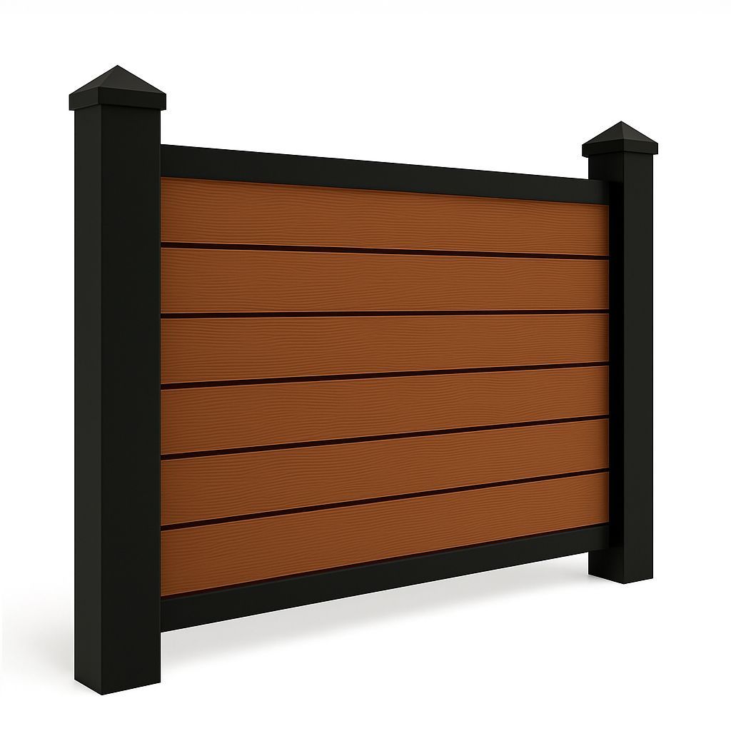 Wooden fence with black posts and caps.