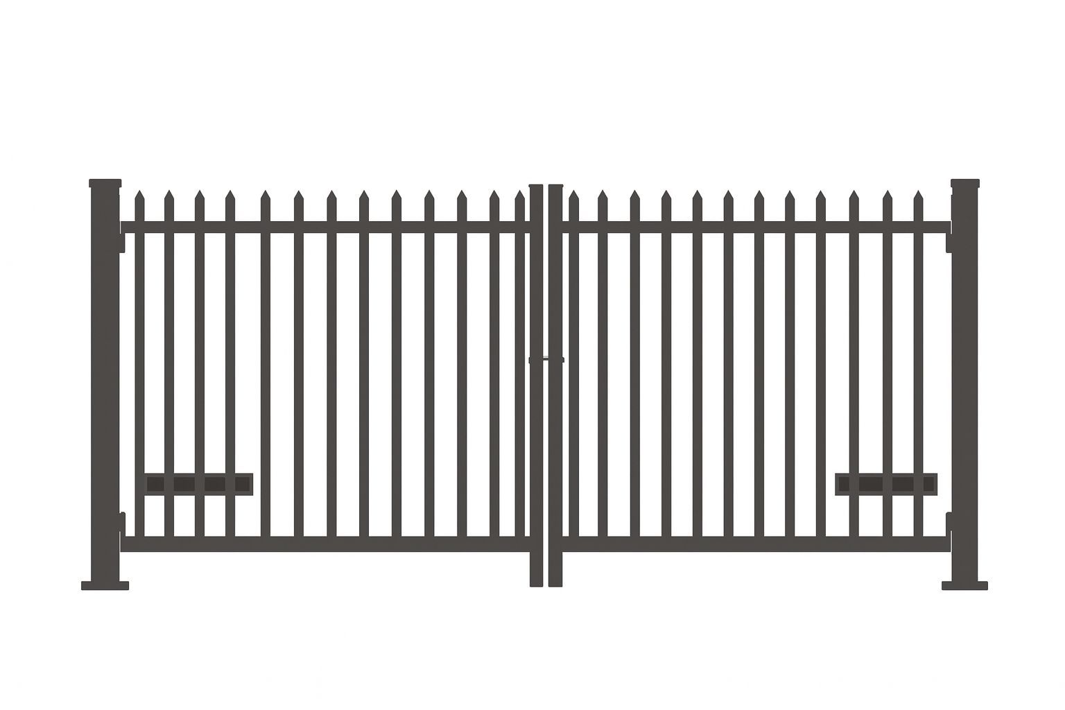 Dark metal double gate with vertical bars, set against a white background.