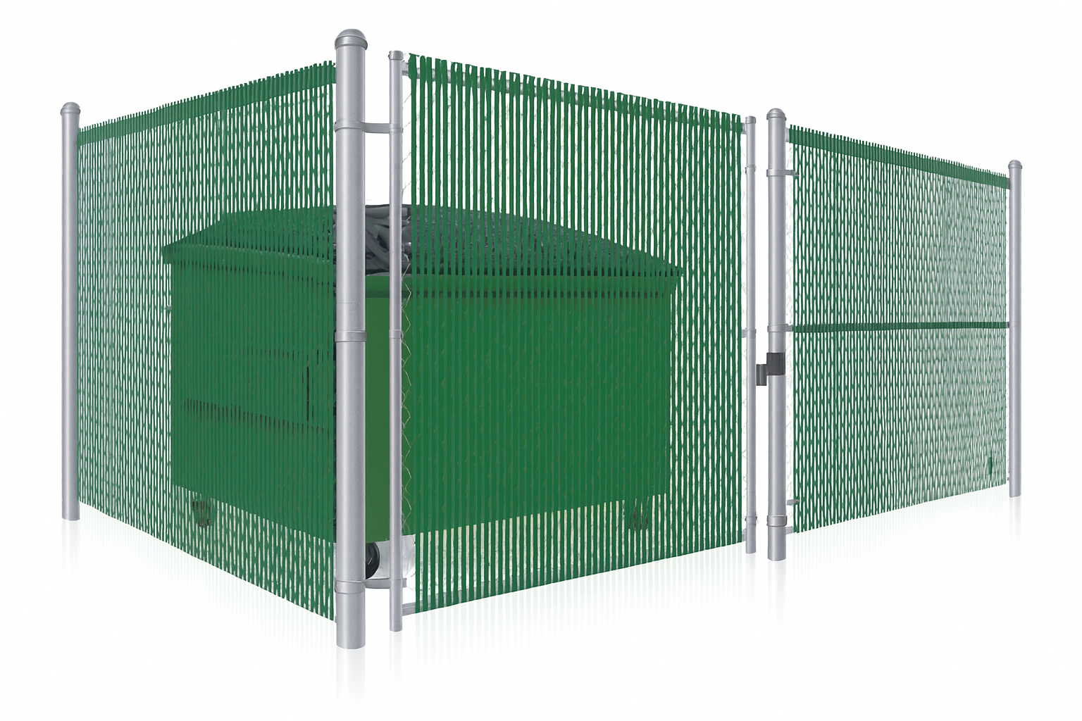 Green dumpster enclosed in a green privacy fence with gate.