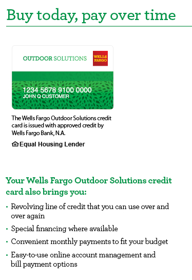 Wells Fargo Outdoor Solutions credit card advertisement with a green card and special features.