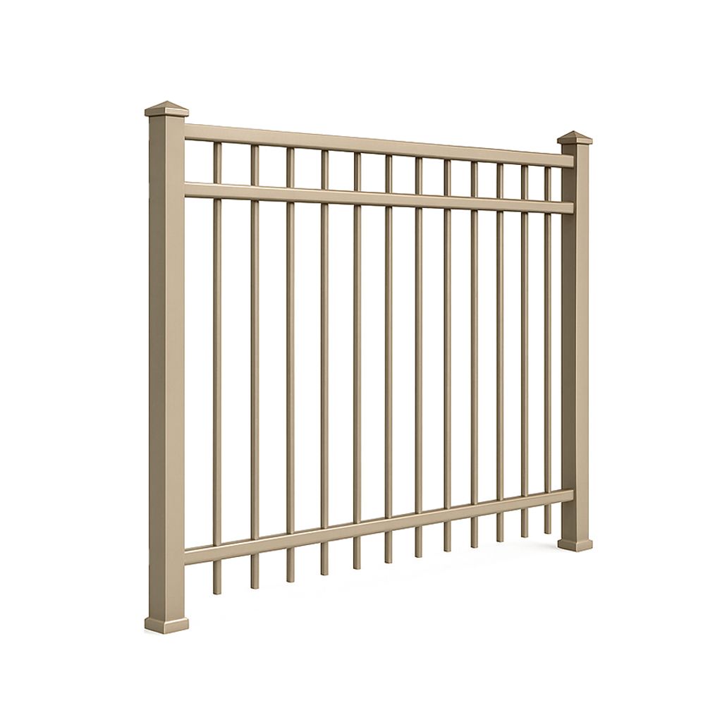 Tan metal fence with vertical bars and decorative posts.