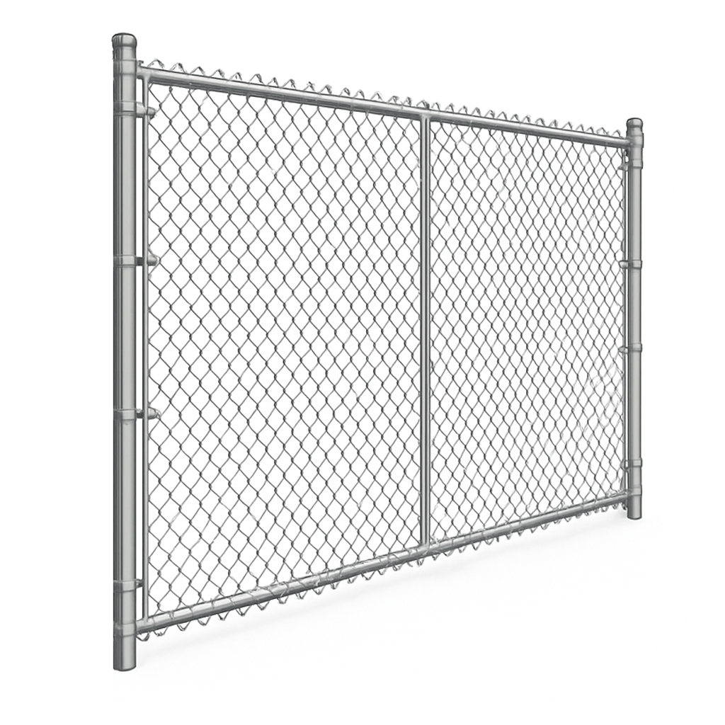 Chain-link fence section, silver metal frame, diamond mesh pattern, outdoor setting.