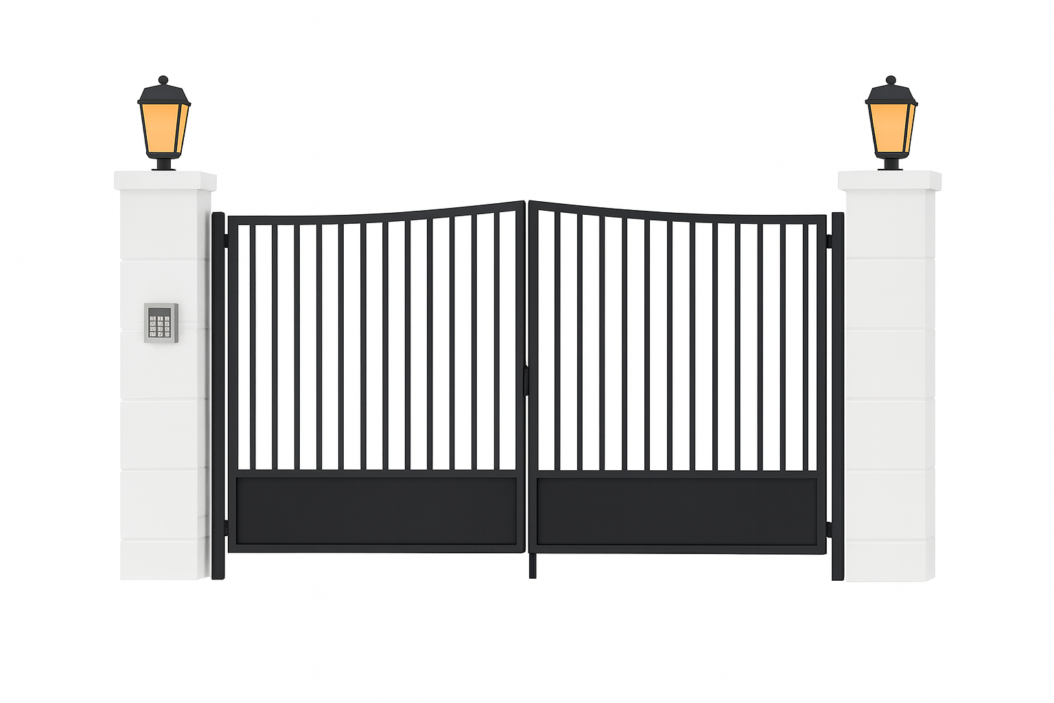 Black metal gate between white pillars with lights.