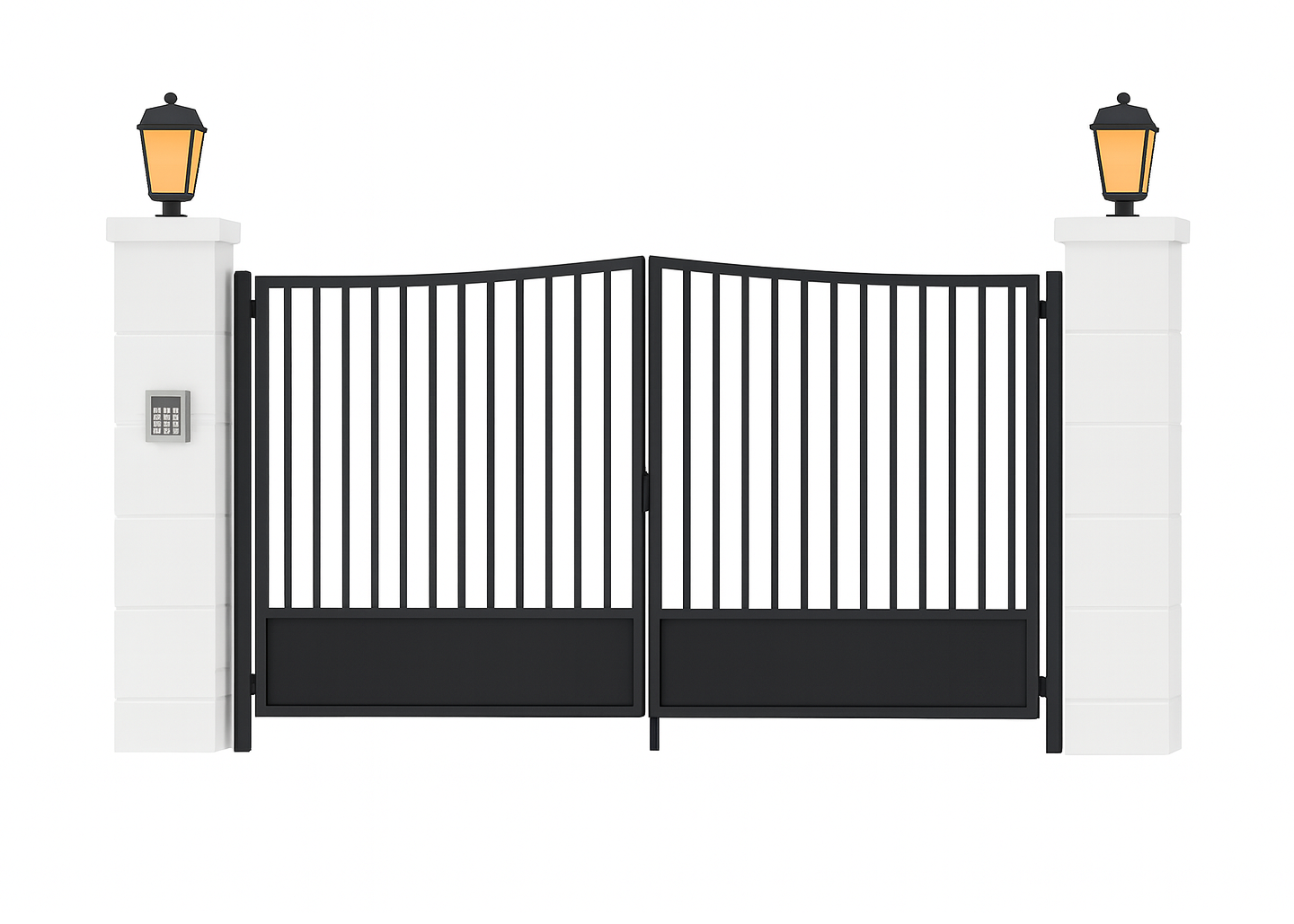 Black wrought iron gate with white pillars and lanterns.