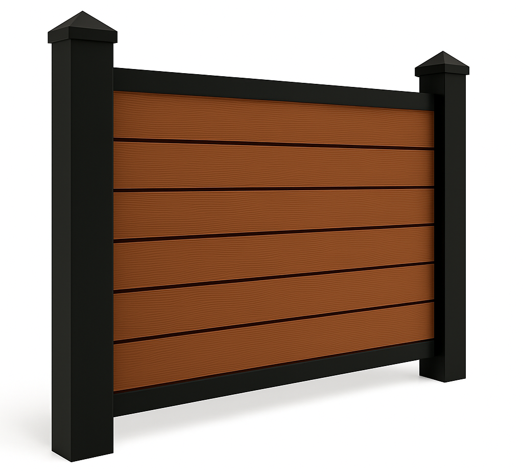 Black framed wooden fence with brown horizontal planks.