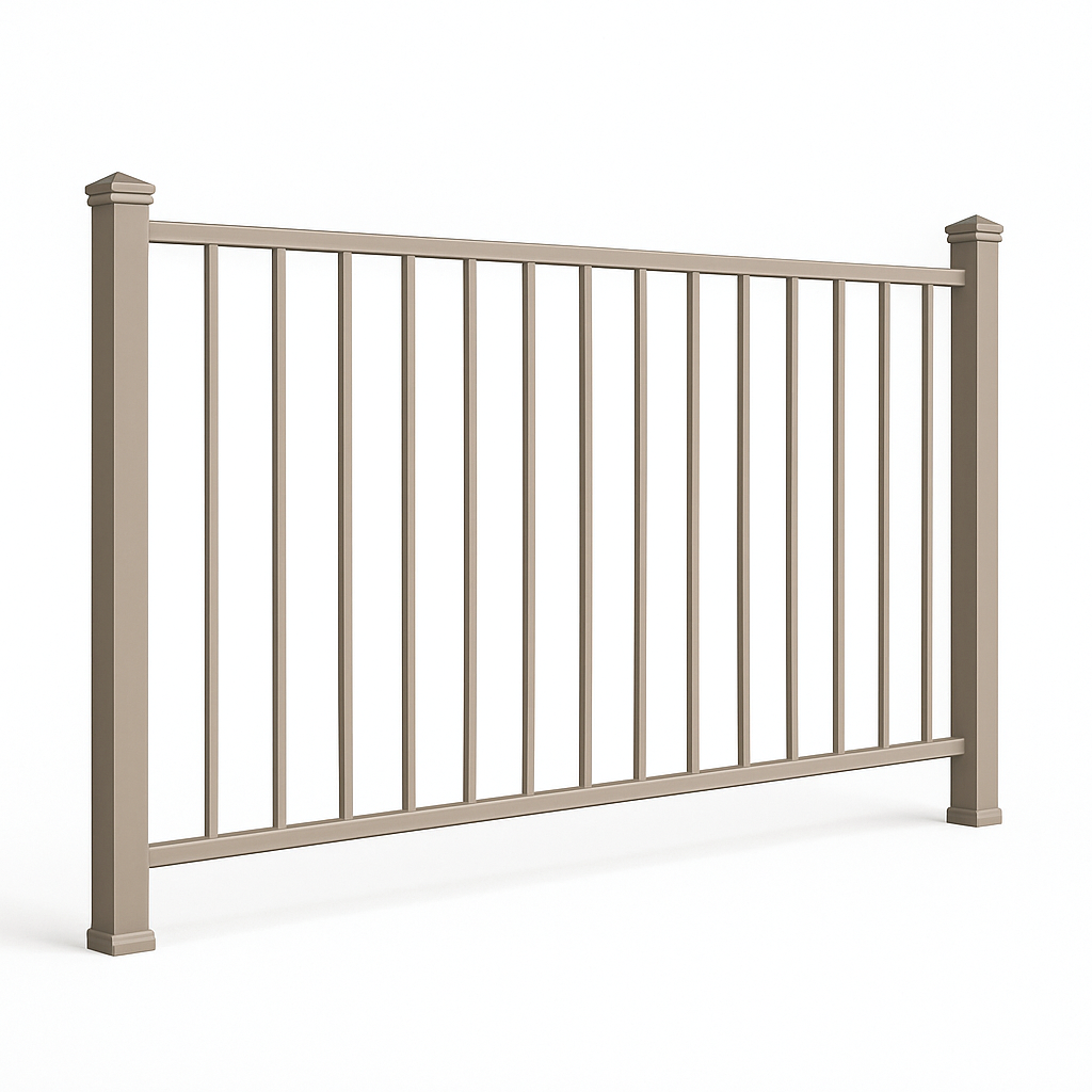 Tan aluminum railing with vertical balusters and square posts.